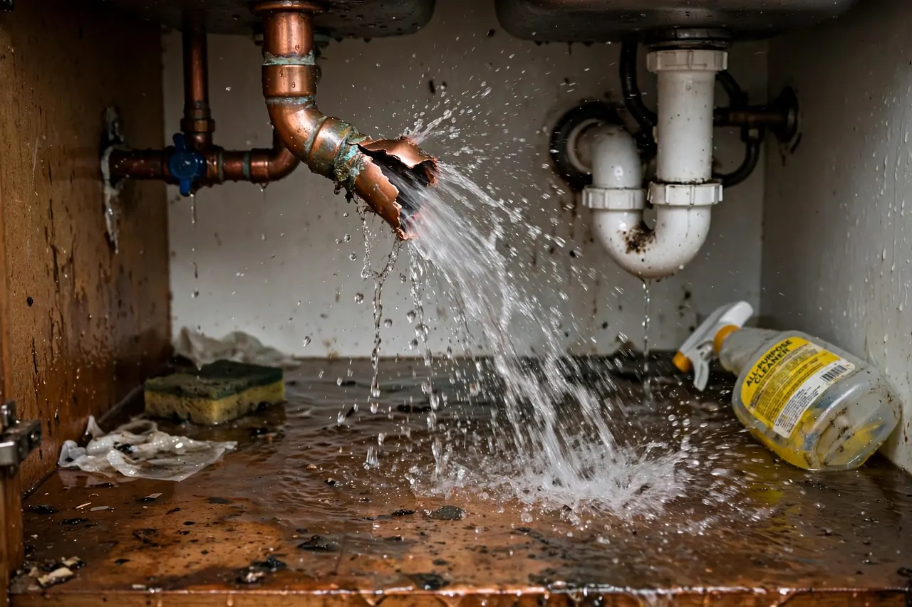 Burst pipe spraying water under a kitchen sink — a common cause of water damage in Vero Beach homes