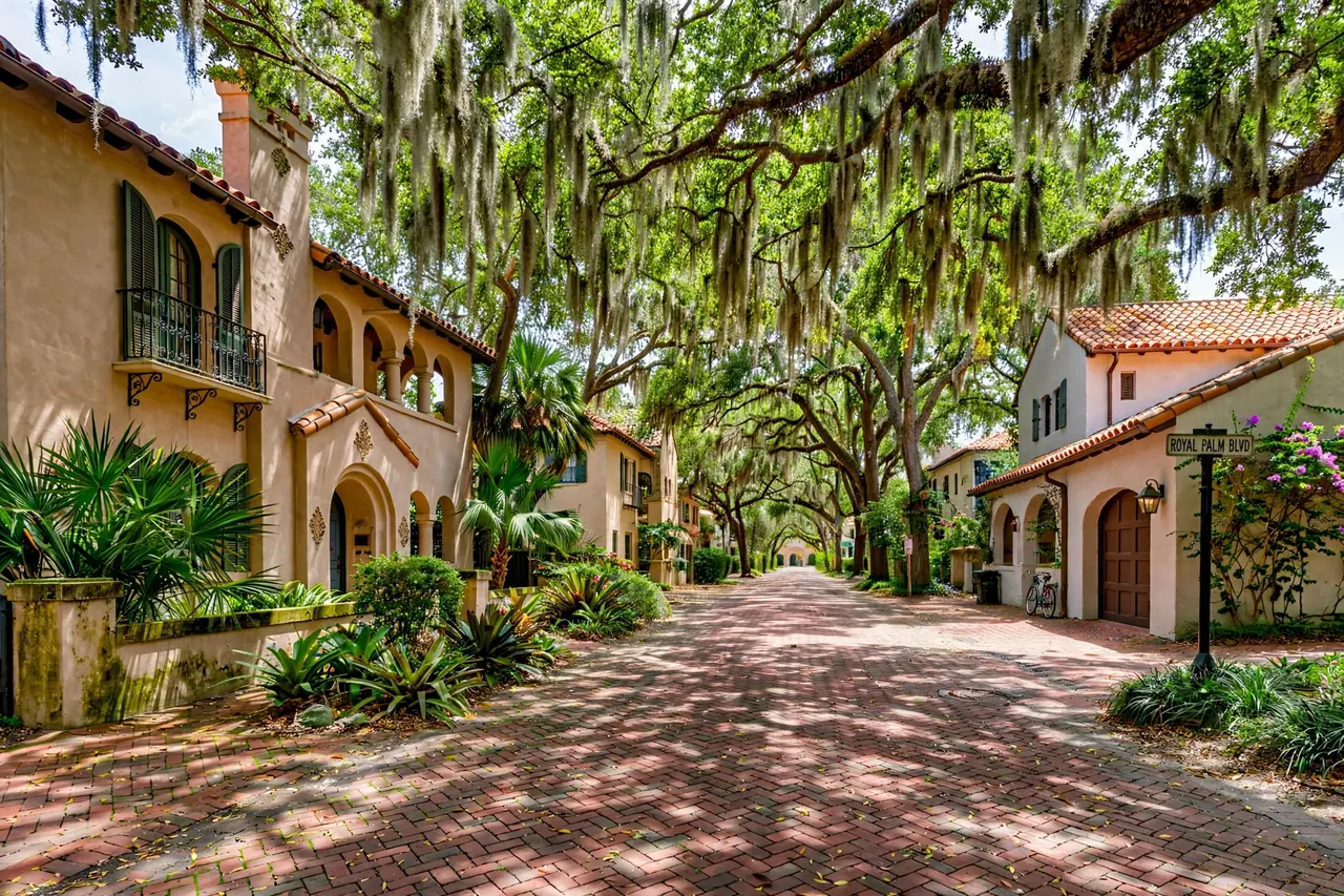 Historic oak-lined street with classic homes in Royal Park, Vero Beach FL