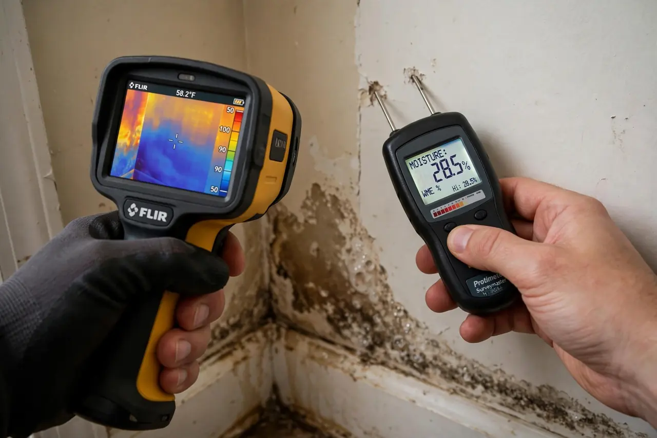 Technician using thermal imaging and moisture meter to find hidden water damage in a wall