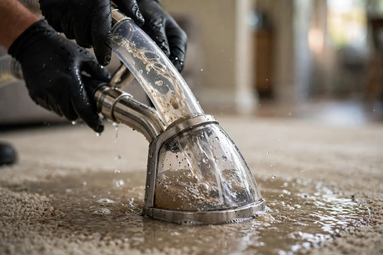 Professional carpet water extraction wand removing water from soaked carpet