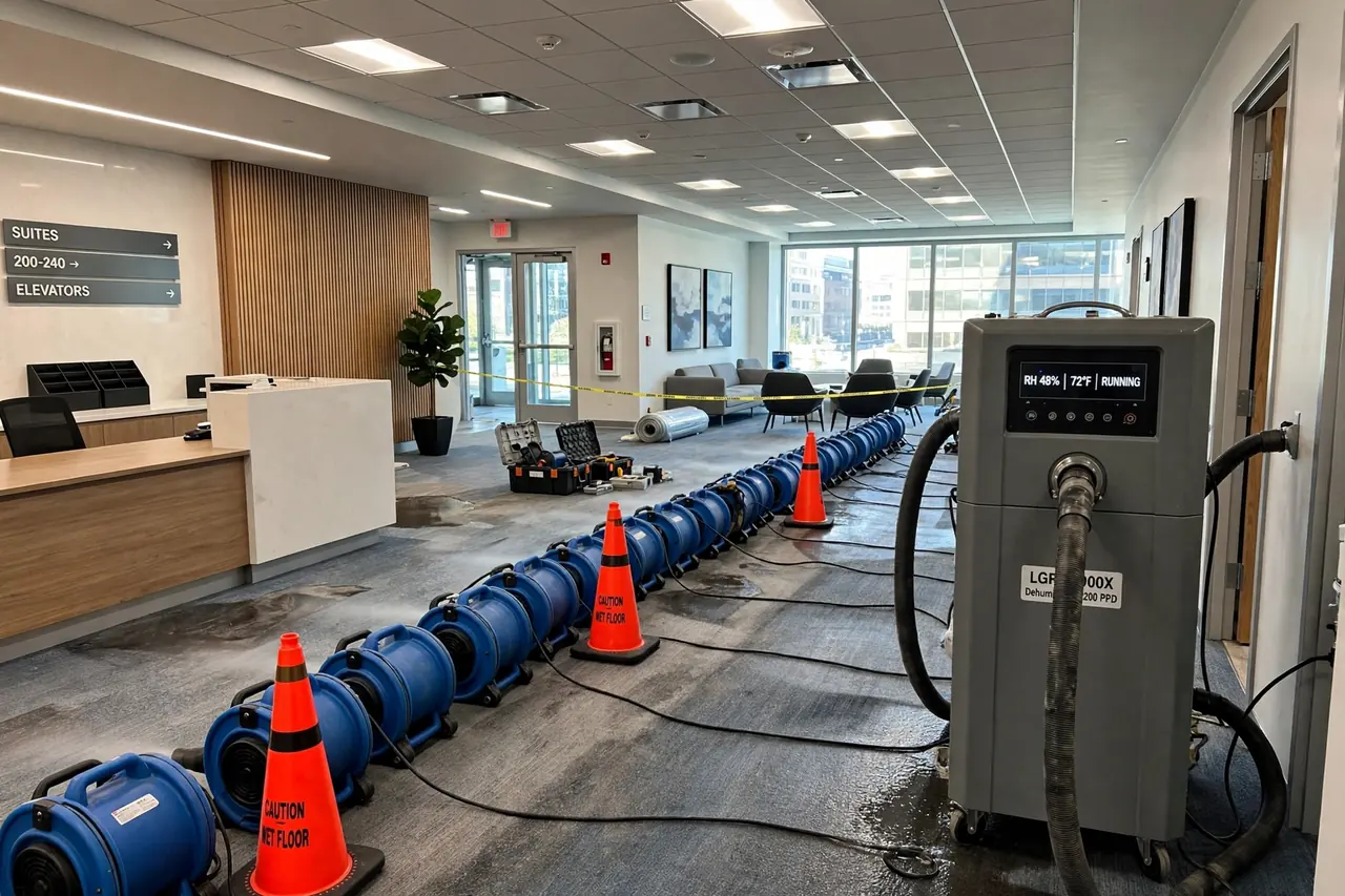 Air movers and dehumidifiers drying a commercial office space after water damage in Vero Beach