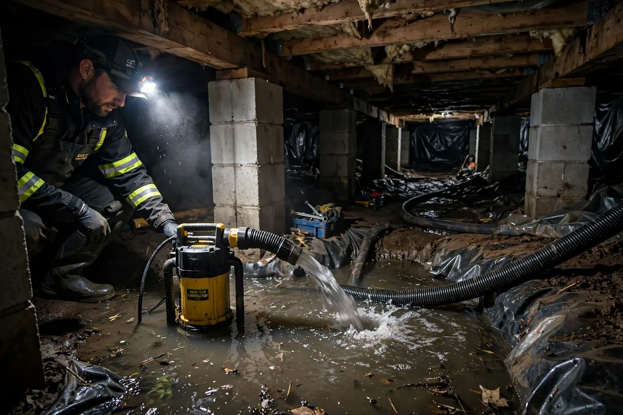 Sump pump removing standing water from a residential crawl space in Vero Beach