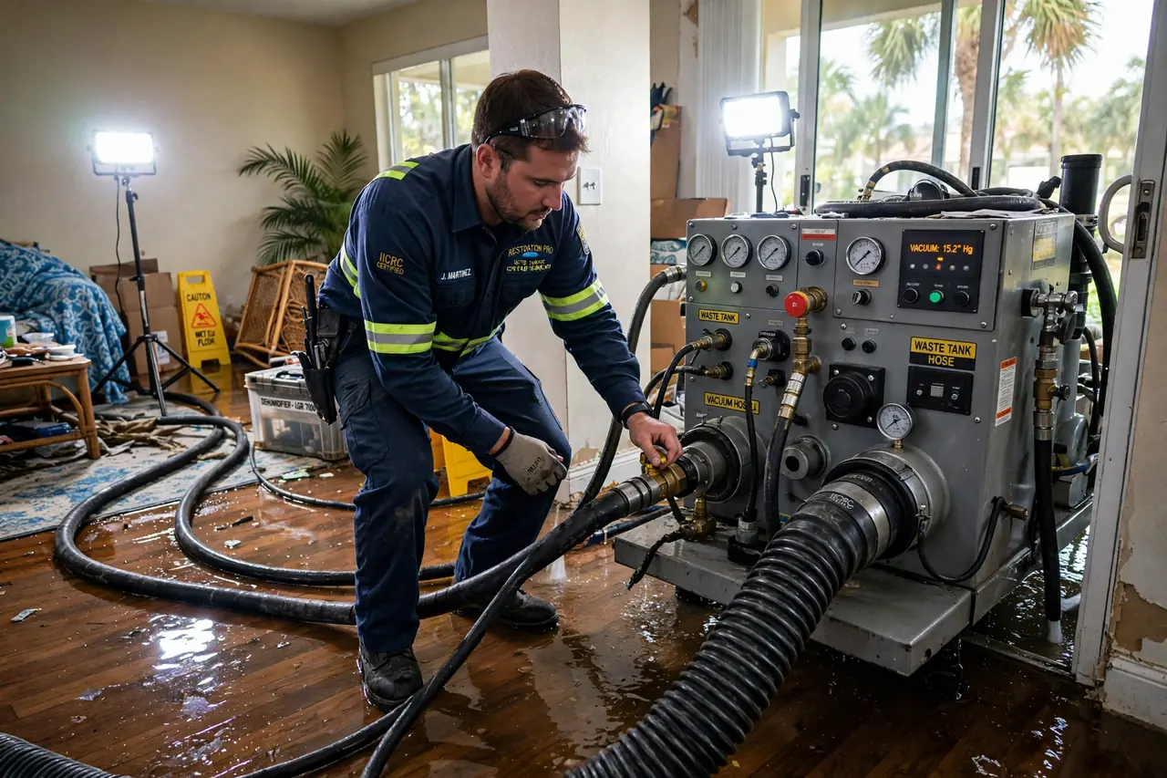 Technician performing emergency water extraction to remove standing water inside a Vero Beach home