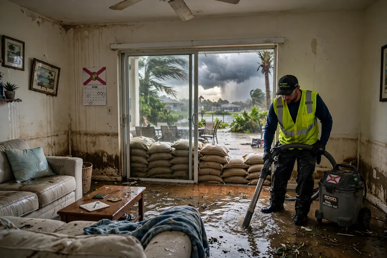 Flood water extraction underway inside a Florida home after heavy rain and stormwater intrusion