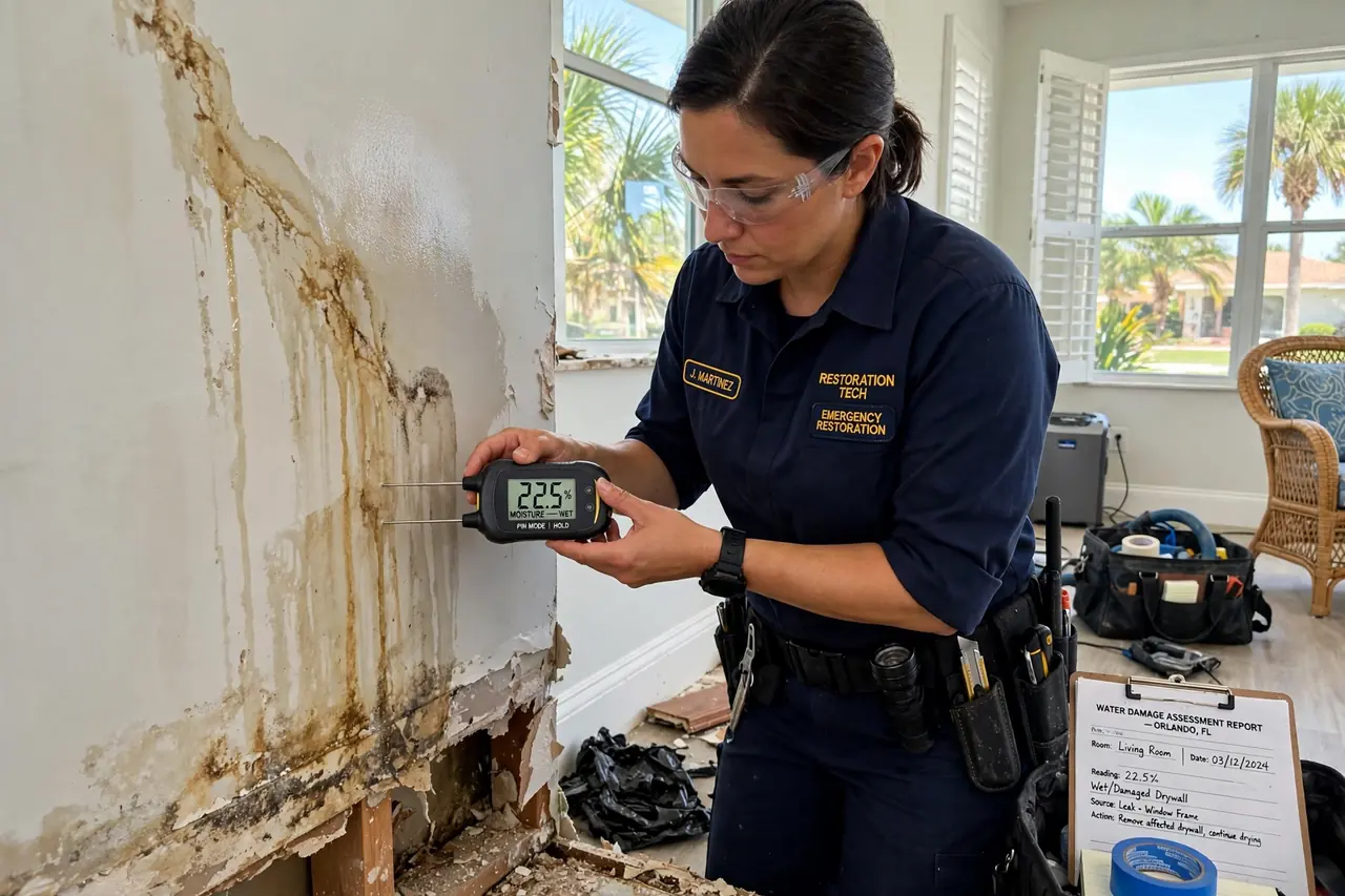Technician checking moisture levels in drywall during residential water damage restoration in Vero Beach